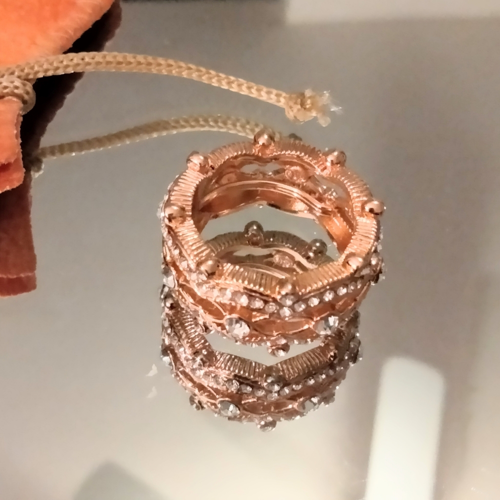 Ring Cocktail Eternity Rose Gold Pave Vermeil Two Rows Crystal - Picture 2 of 11